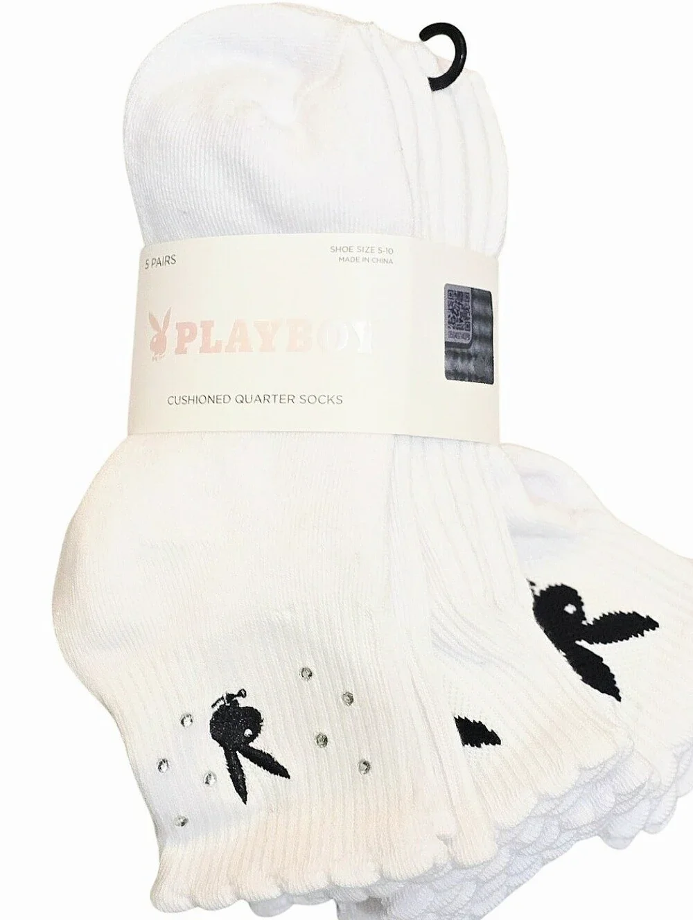 Playboy Bunny Rhinestone Logo Cushioned Ruffled Quarter Socks - 5-Pack